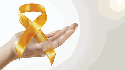 Hand with golden ribbon on white background. Childhood