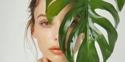 Graceful Beauty with Tropical Leaf in Studio Setting. AI generated