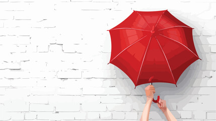 Hand with stylish umbrella on white brick backgroun