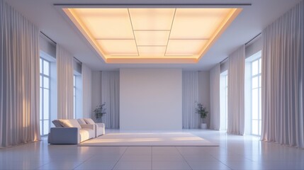 Minimalist modern living room with ambient lighting and neutral tones, concept of contemporary interior design