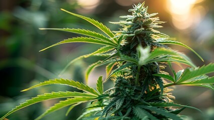 Closeup of healthy cannabis plant in sunlight showcasing CBD production potential . Concept CBD Production, Cannabis Plant, Sunlight, Closeup Shot, Healthy Crop