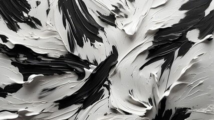 Abstract paintbrush wallpaper in black and white. 4K background with brushstrokes, paint splatters, and a simple, minimalistic textured wallpaper design. - obrazy, fototapety, plakaty