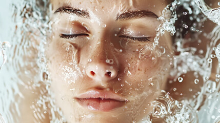 Aesthetic young woman face with closed eyes and splashing water, moisturizing concept, beauty advertising. Generative AI