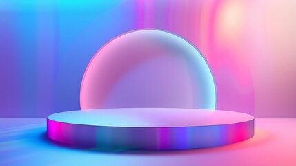 A holographic platform glowing with soft purples, pinks, and blues, creating a tranquil ambiance, podium product. Copy space.