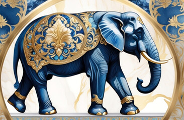 Elegant mural art of a majestic blue elephant adorned with luxurious golden ornamental details