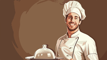 Handsome happy male chef with tray and cloche on brow