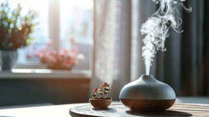 Aroma humidifier therapeutic home device. Essential aroma oil diffuser on the table, nearby mint leaves, green background, copy space for text. Still life. Concept aromatherapy and relaxing. Air