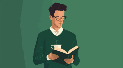 Handsome man in eyeglasses with book and coffee cup o