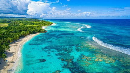Beach with beautiful coastline. Aerial view of tropical paradise with turquoise waters, green palm trees, white sand beach and coral reefs