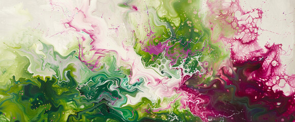 Intricate patterns of vibrant green and intense magenta swirling against a white canvas, forming abstract compositions that captivate the viewer's gaze.