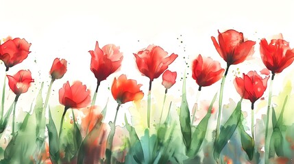 Softly Blended Watercolor Tulips in Impressionistic Style with Bold Reds and Greens