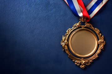 A gleaming gold medal with a blank center for customization, the ribbon adorned with blue, white, and red stripes to represent the French flag, set against an elegant deep blue studio background 