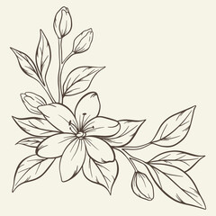 Hand drawn bouquet with flowers and leaves. Vector linear monochrome elegant floral arrangement in vintage style, tattoo design, coloring book, wedding decoration.