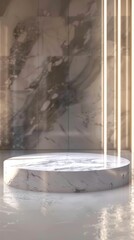 A white marble pedestal stands in a marble room, showcasing elegance and luxury, podium product platform