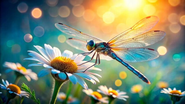 A dragonfly sits on a daisy
