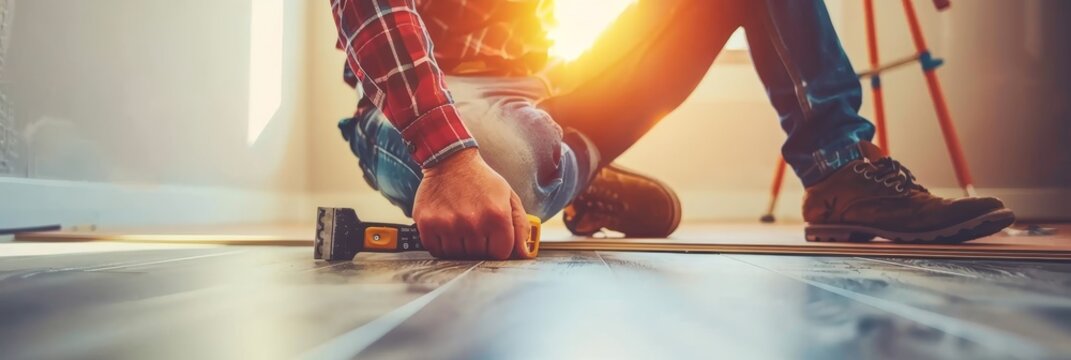 Skilled hands expertly installing laminate flooring for a home renovation project