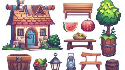 A fantasy house of dwarfs or hobbits isolated on a hillock, with cottage, lantern, trolley, wooden box with apples, bench, and potted plant.