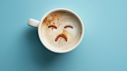 Coffee cup with sad face drawn on coffee milk foam. Top view to mug with coffee on blue background. Blue Monday, hard morning, difficult day, negative emotions, loneliness, loss, problem, difficulties