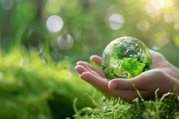 Hand Holding a Green Globe in Natural Setting
