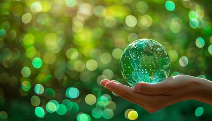 An image depicting the Sustainable Development Goals (SDGs). A hand holding an earth globe is positioned over a bokeh-like green natural backdrop. NASA provided some of the elements of this image. - obrazy, fototapety, plakaty