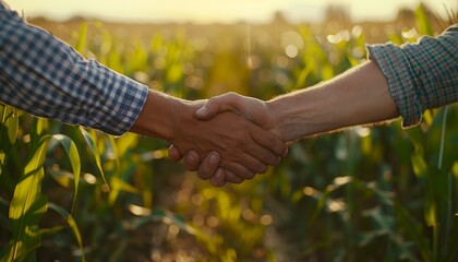 Two farmers shaking hands in a corn field, reaching an agreement. They are happy and satisfied with the deal.