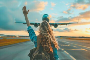 A woman with long hair is waving at an airplane on the runway. Concept of excitement and...