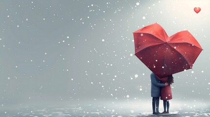 Image for text with a cartoon man and woman hugging each other under a red heart-shaped umbrella and falling snow
