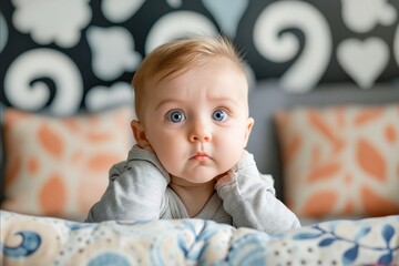 A baby is laying on a bed with a pillow behind it. The baby has blue eyes and is looking at the camera