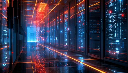A data center or server room. A connected system of IT infrastructure, engineering infrastructure and equipment. Digital art illustration. Can be used for advertising, marketing or presentation.