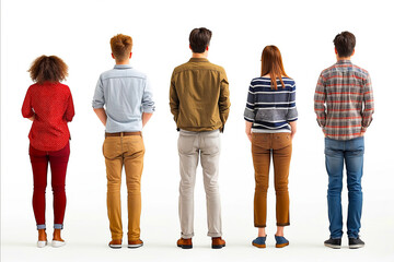 A group of people standing in a line, with one person wearing a red shirt. Concept of unity and togetherness, as the people are all standing side by side