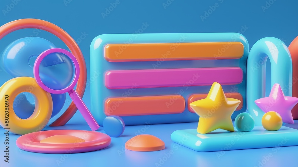 Poster in this 3d rendering, you can see a search bar with magnifying glass icon, website design elements. 