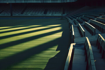 A serene moment in an empty football stadium at dawn, the morning light casting long shadows over the seating