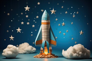 closeup flying rocket made of cardboard and paper stars and clouds on a blue background