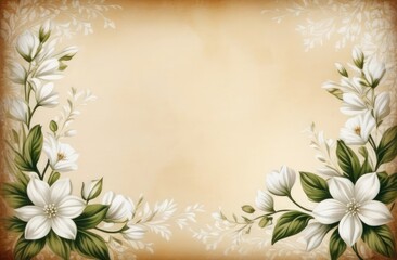 Elegant floral card with white flowers, vintage style. Copy space. Concept: template for proposals, postcard
