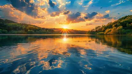 Majestic view of rippling and reflecting water near hill with green trees while bright orange sun in blue sky with clouds setting down - Powered by Adobe