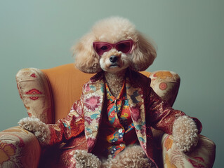 Cute poodle wearing stylish fashionable clothes and sunglasses	