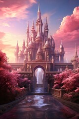 fantasy ancient castle on pink sunrise or sunset vertical image