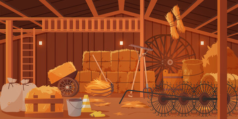 Farm wooden barn interior, indoor storage of hay stacks and agricultural equipment. Wooden village building with stairs up to hayloft ceiling, garden tools and straw pile cartoon vector illustration © lembergvector