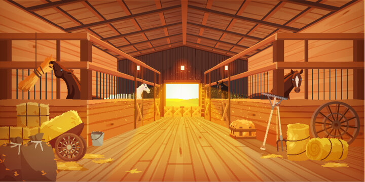 Empty stable inside, perspective view of aisle with stalls and gate. Wooden farm barn on ranch, countryside house with wood sheds for cows and horses, hay for animal feed cartoon vector illustration