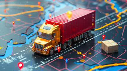 Top View GPS Tracking of Moving Truck with Container on Map
