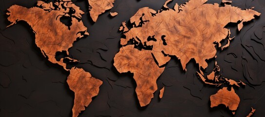 Wooden map of the world on black background