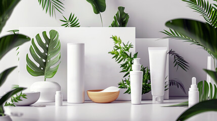 Modern skincare product presentation with white containers among lush green leaves and white backdrop - obrazy, fototapety, plakaty