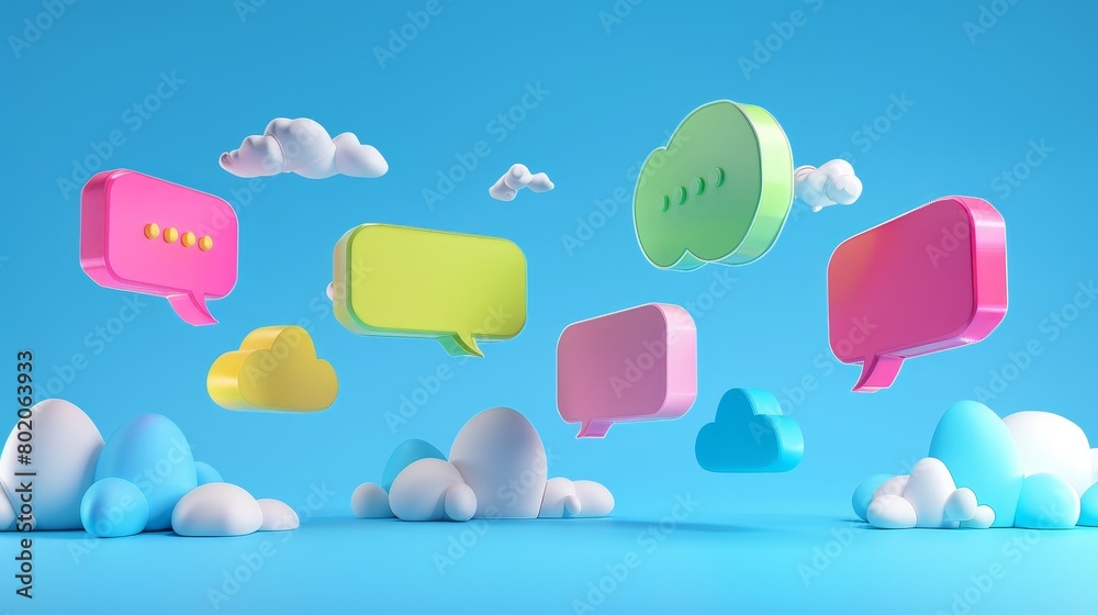 Poster 3d rendering of colorful chat message bubbles isolated on blue background. collection of round, oval