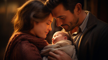 Young family tenderly looking at their newborn baby, illuminated by a warm golden light - obrazy, fototapety, plakaty