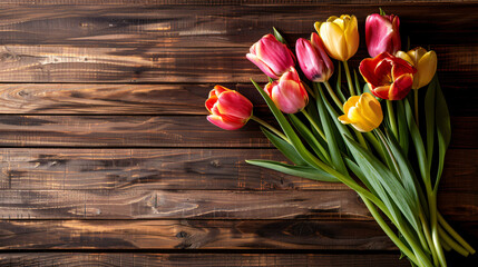 Bouquet of beautiful fresh tulips on wooden background