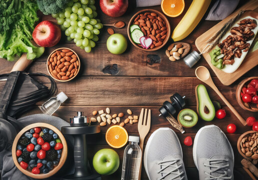 Gesundes Kozept aus Obst, Gem&uuml;se und Sport, symbolisch, Flatlay
