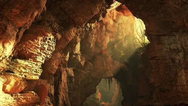 A mysterious cave illuminated by a beam of light