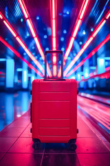 A red suitcase is sitting on a tiled floor in front of a bright red wall. The suitcase is open and the handle is visible. The scene has a vibrant and energetic feel, with the bright red wall