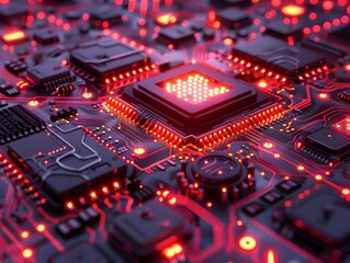 Obraz premium Intricate Futuristic Electronic Circuit Technology Background with Vibrant Microchip and Motherboard Details
