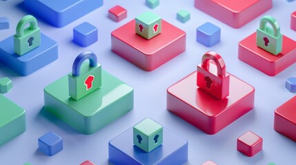 An illustration of a loaded padlock, a shield with locked and unlocked keys and several barbed wires. A concept for network security, computer security, and digital data protection. 3D illustrations